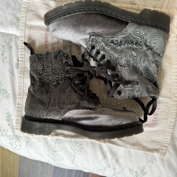 Dr. Martens 1460 Grey Brocade Velvet Boots - Picture 3 of 10